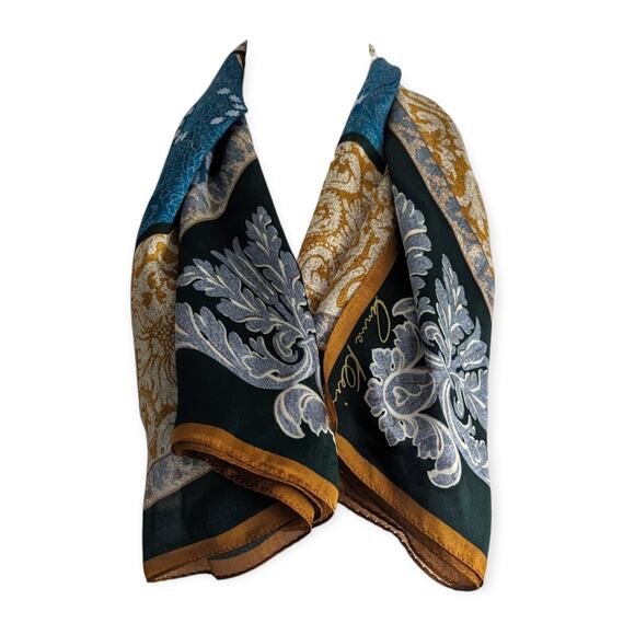 Anne Klein Silk Palas Baroque Geometric Scarf ~ gold deep teal cream and forest - Picture 6 of 9